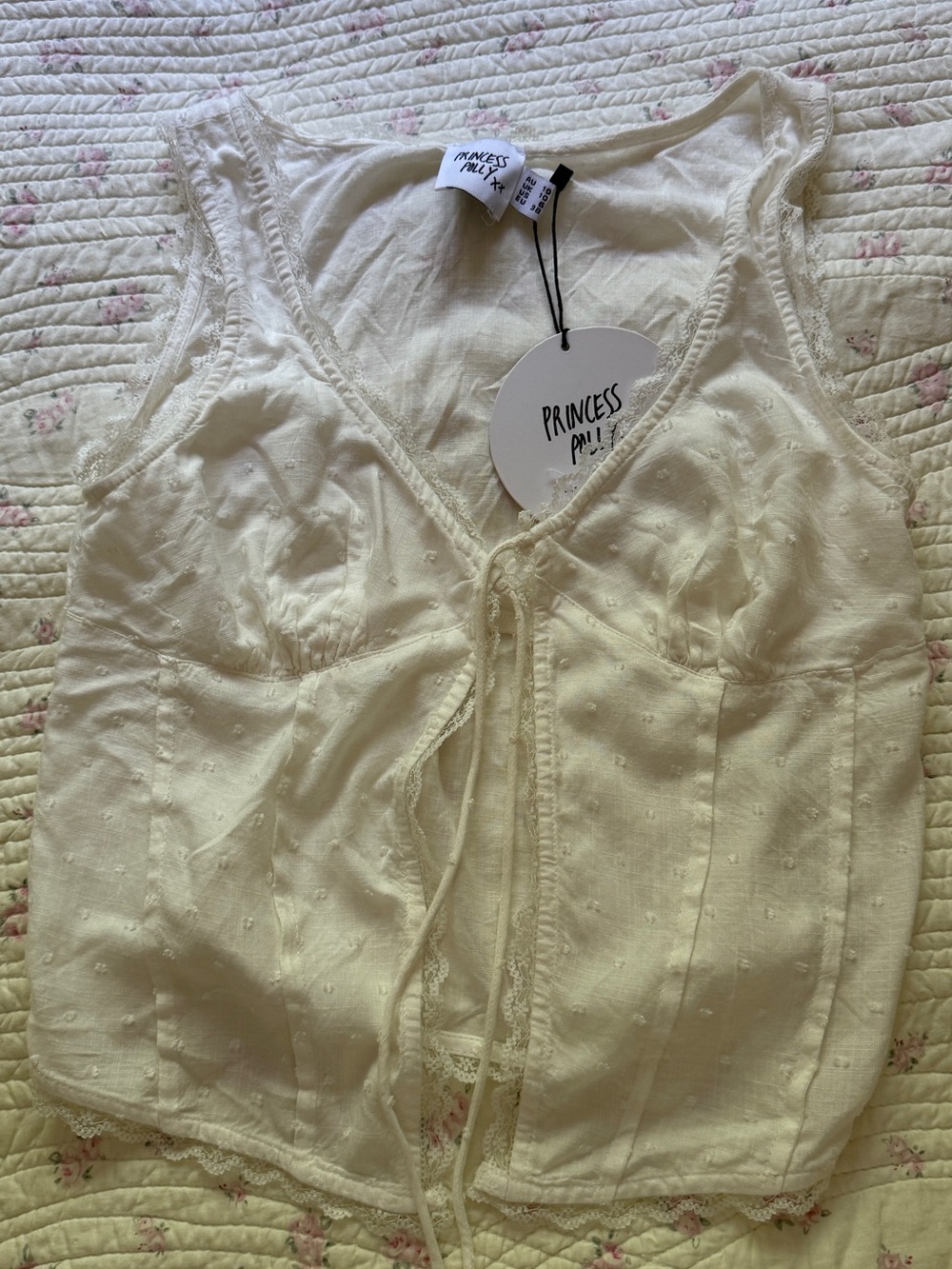 Princess Polly Cream Lace-Trim Tank Top